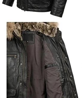 Men’s Black Leather Jacket with Faux Fur Hood - Image 5
