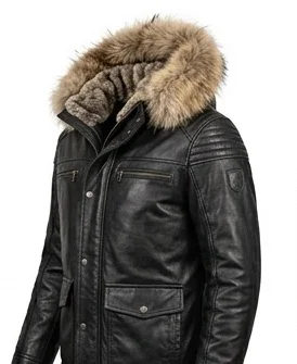 Men’s Black Leather Jacket with Faux Fur Hood - Image 3