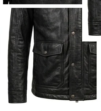 Men’s Black Leather Jacket with Faux Fur Hood - Image 6