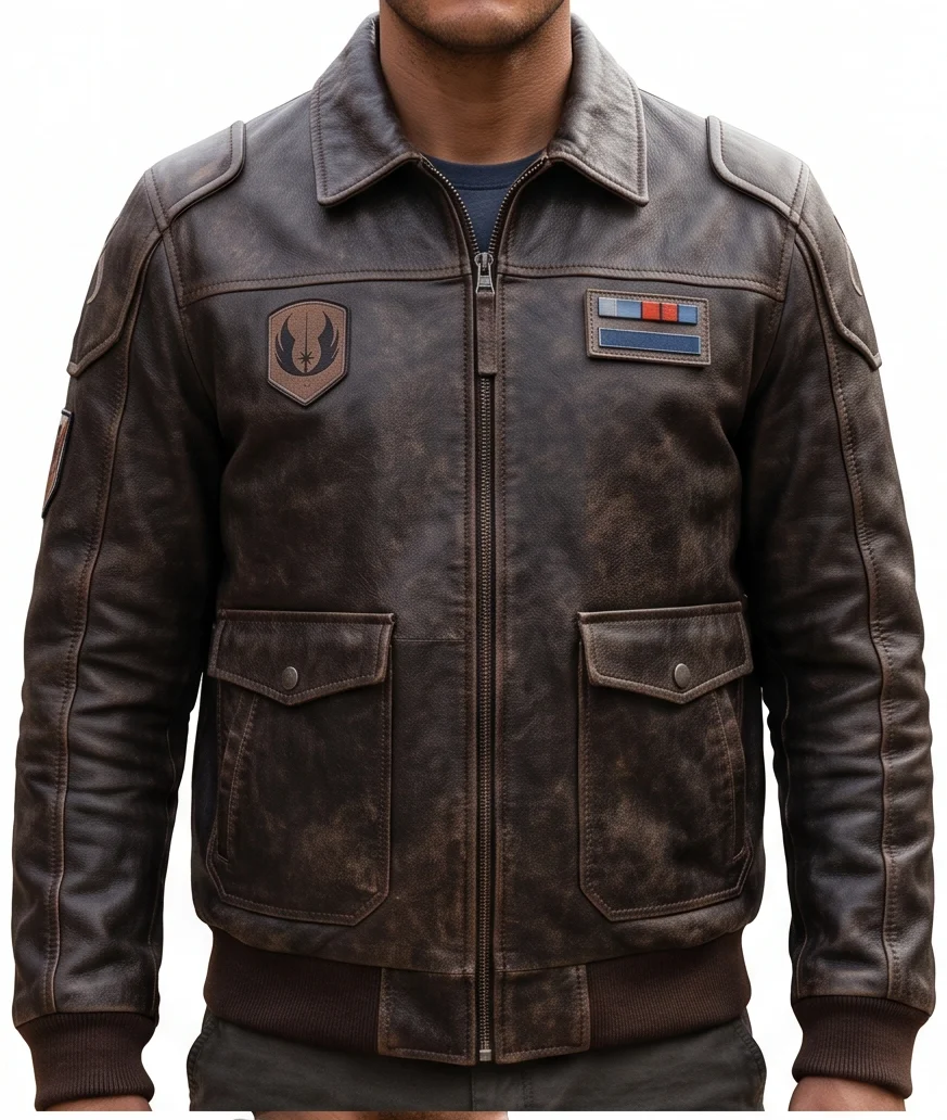 The Mandalorian Inspired Brown Leather Flight Bomber Jacket - Image 2
