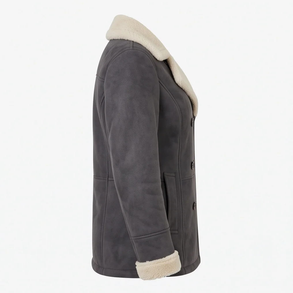 Women’s Charcoal Grey Double-Breasted Suede Shearling Peacoat - Image 3