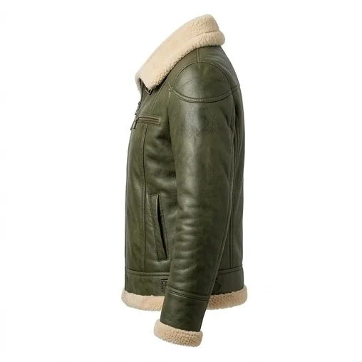 Women's Olive Green Shearling Café Racer Leather Jacket - Image 5