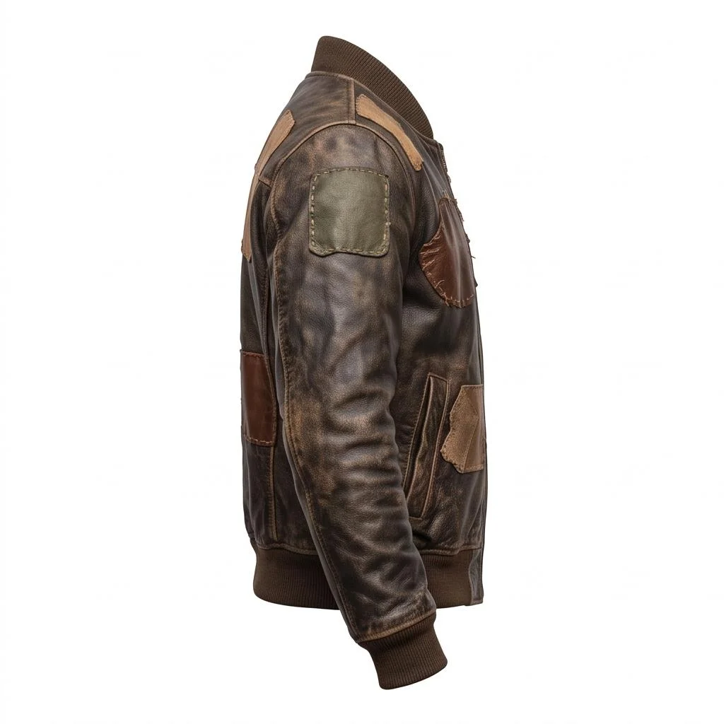 Men's Distressed Brown Patchwork Bomber Jacket - Image 2