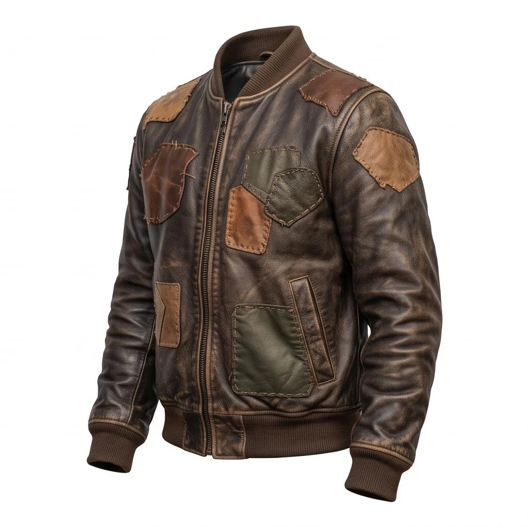 Men's Distressed Brown Patchwork Bomber Jacket - Image 5