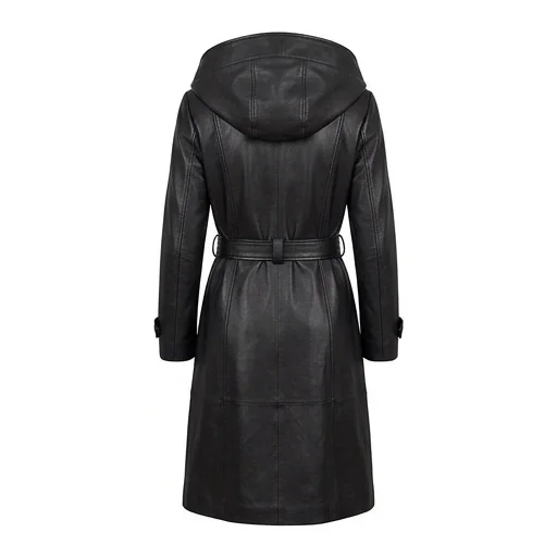 Women’s Black Long Hooded Leather Trench Coat - Image 3