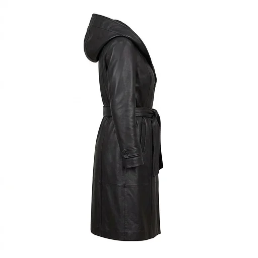 Women’s Black Long Hooded Leather Trench Coat - Image 4
