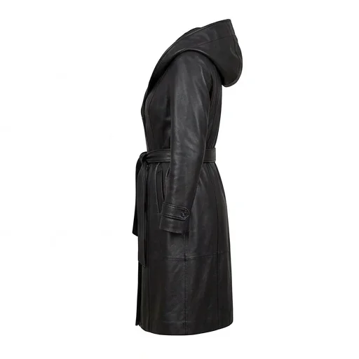 Women’s Black Long Hooded Leather Trench Coat - Image 5