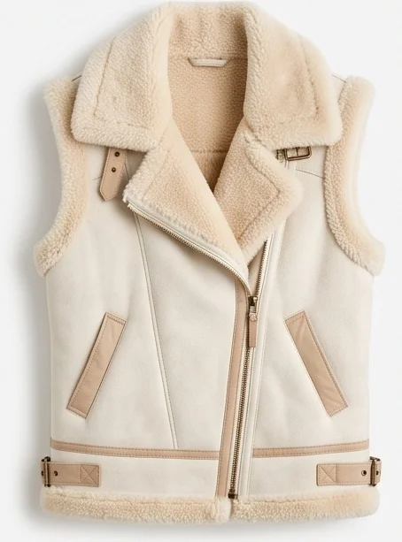Women’s Cream Shearling Biker Vest - Image 2