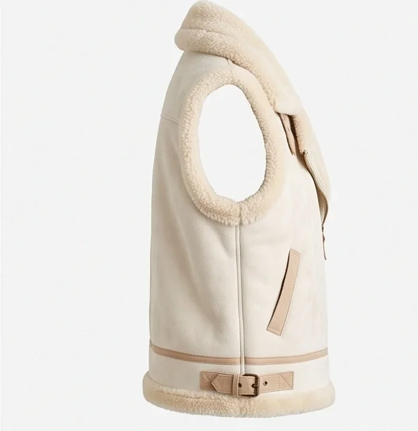 Women’s Cream Shearling Biker Vest - Image 4
