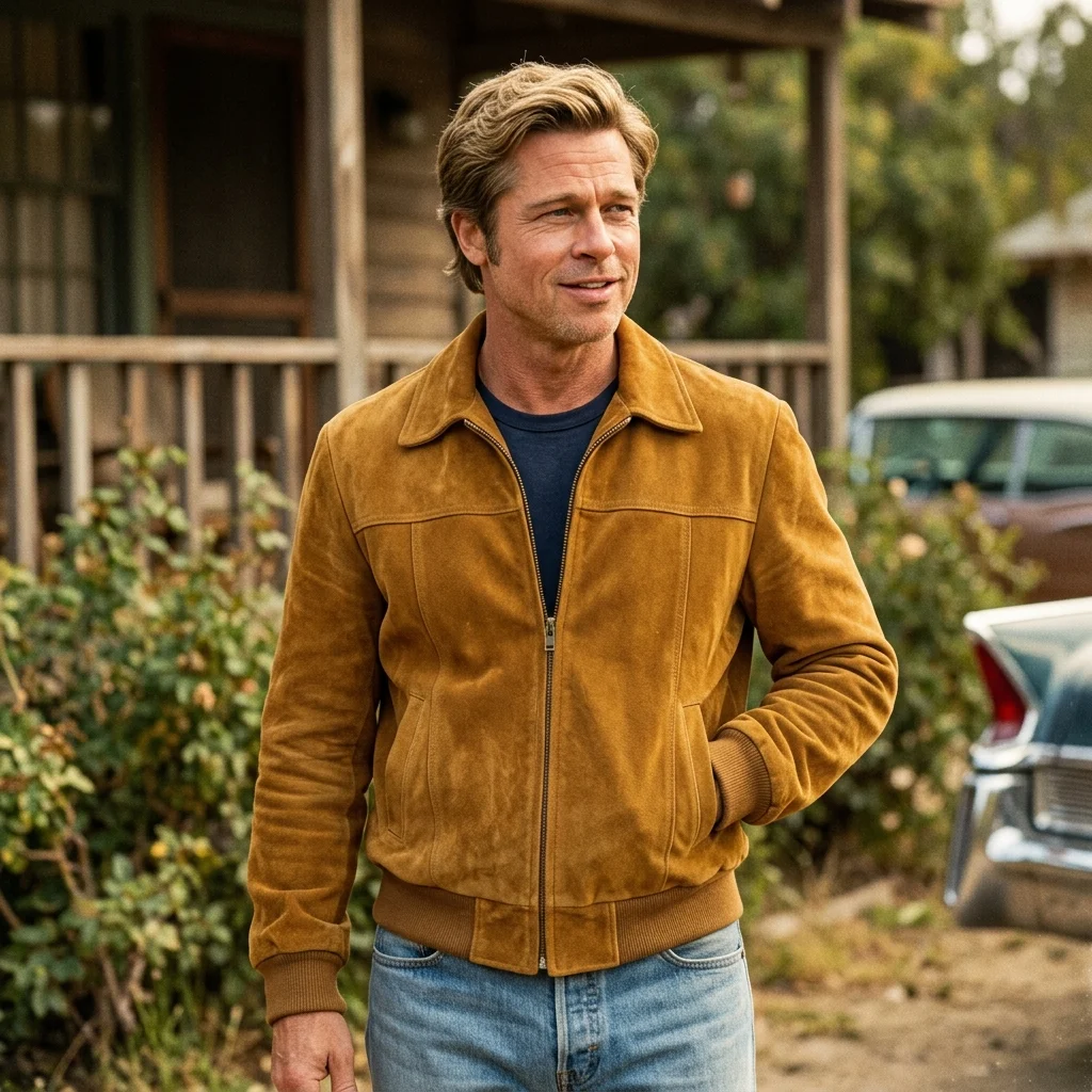 Cliff Booth Inspired Vintage Mustard Tan Suede Leather Jacket