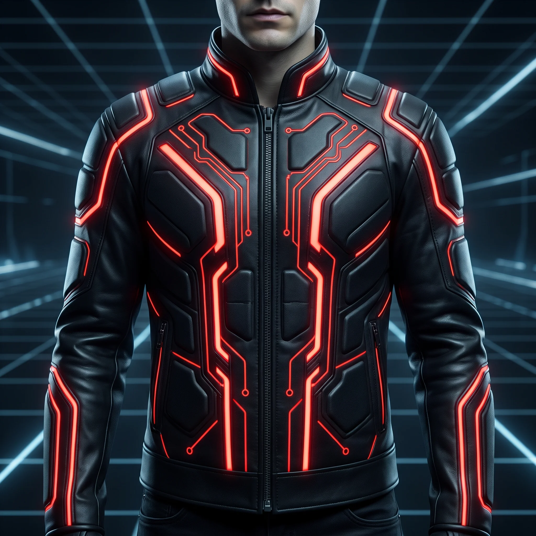 Tron Ares Inspired Black Leather Racing Jacket with Red Accents