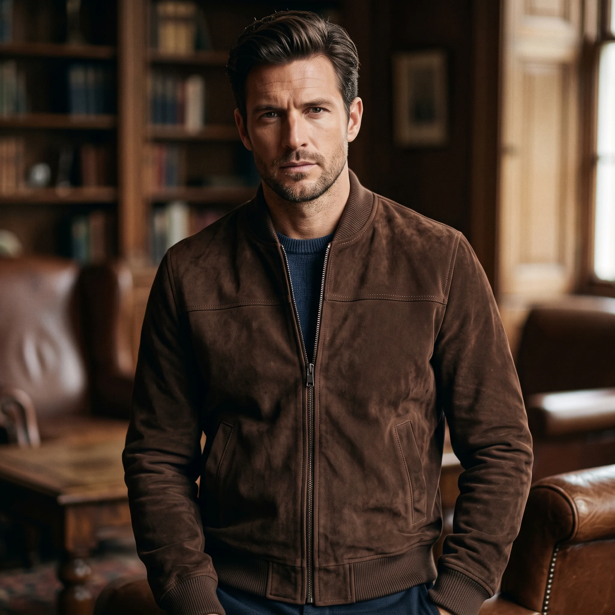 The Gentlemen Eddie Inspired Brown Suede Leather Bomber Jacket