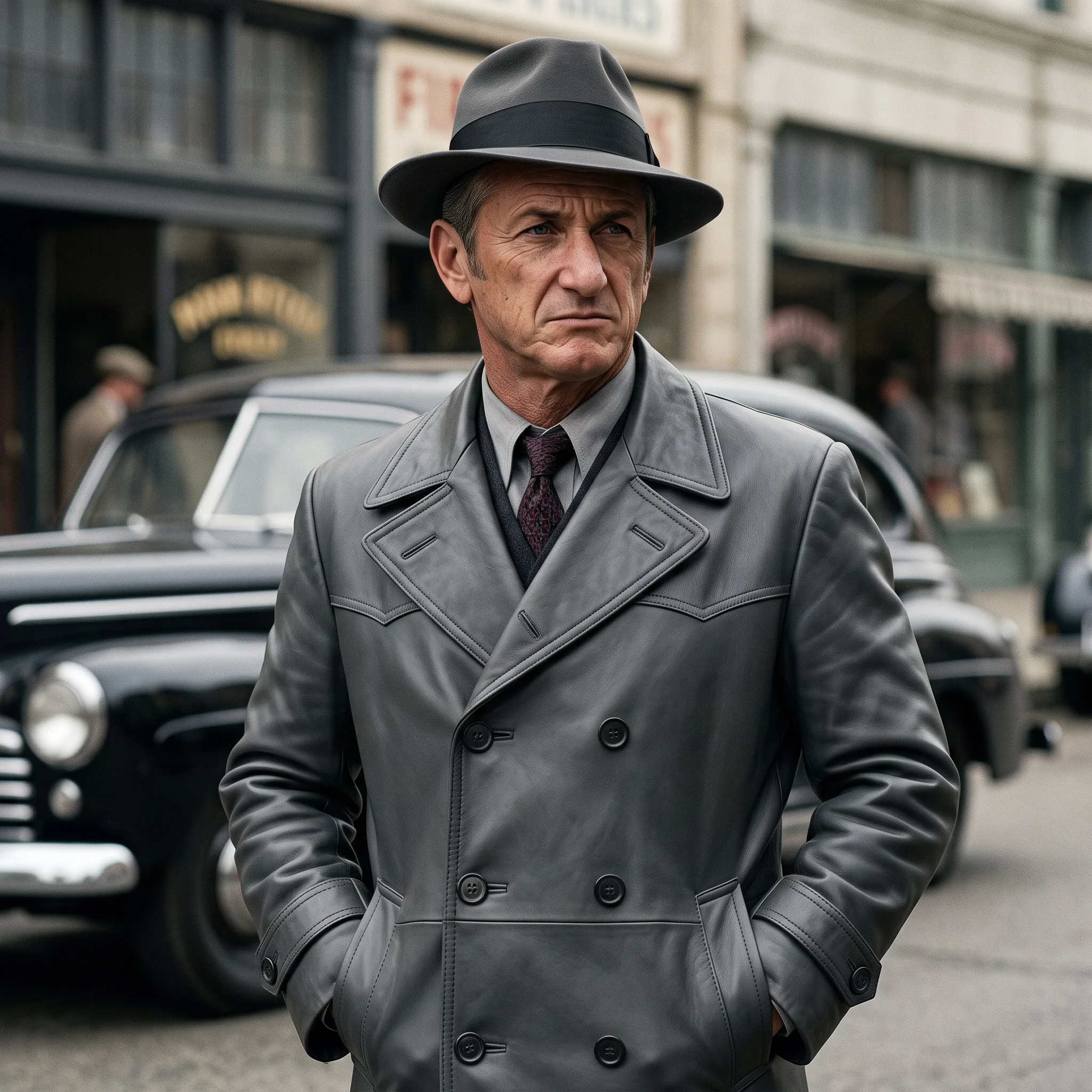 Mickey Cohen Inspired Vintage Gray Leather Trench Coat