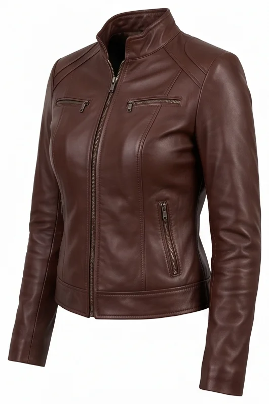 Kara Zor-El 2026 Inspired Women's Brown Cafe Racer Leather Jacket - Image 6