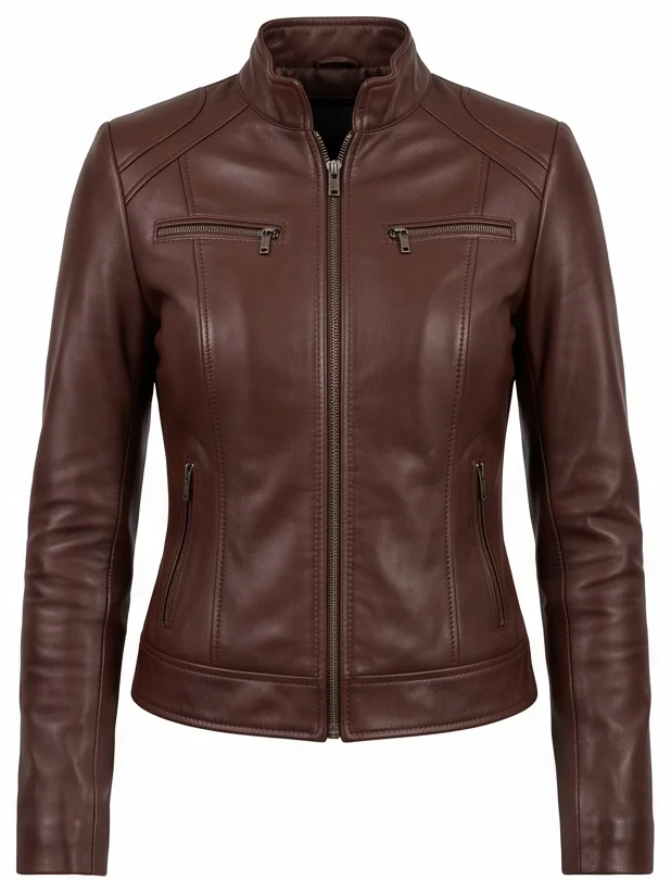 Kara Zor-El 2026 Inspired Women's Brown Cafe Racer Leather Jacket - Image 5