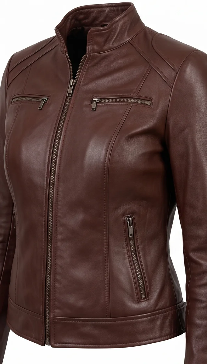 Kara Zor-El 2026 Inspired Women's Brown Cafe Racer Leather Jacket - Image 2