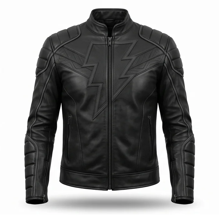 Shazam Inspired Black Leather Jacket – Men’s Superhero Moto Biker Jacket - Image 2