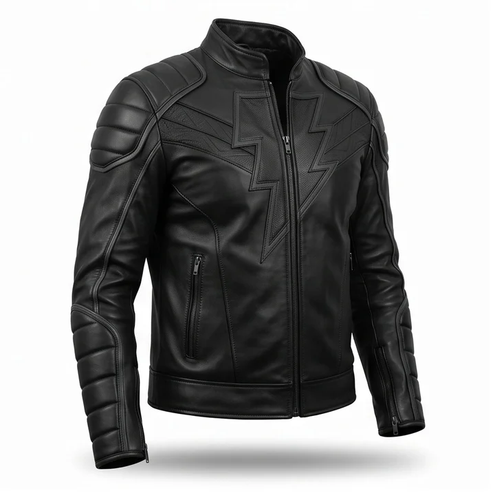 Shazam Inspired Black Leather Jacket – Men’s Superhero Moto Biker Jacket - Image 5