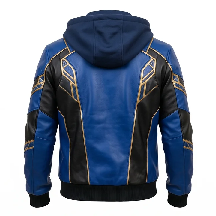 Blue Beetle Jaime Reyes Inspired Blue and Black Leather Hooded Jacket - Image 3