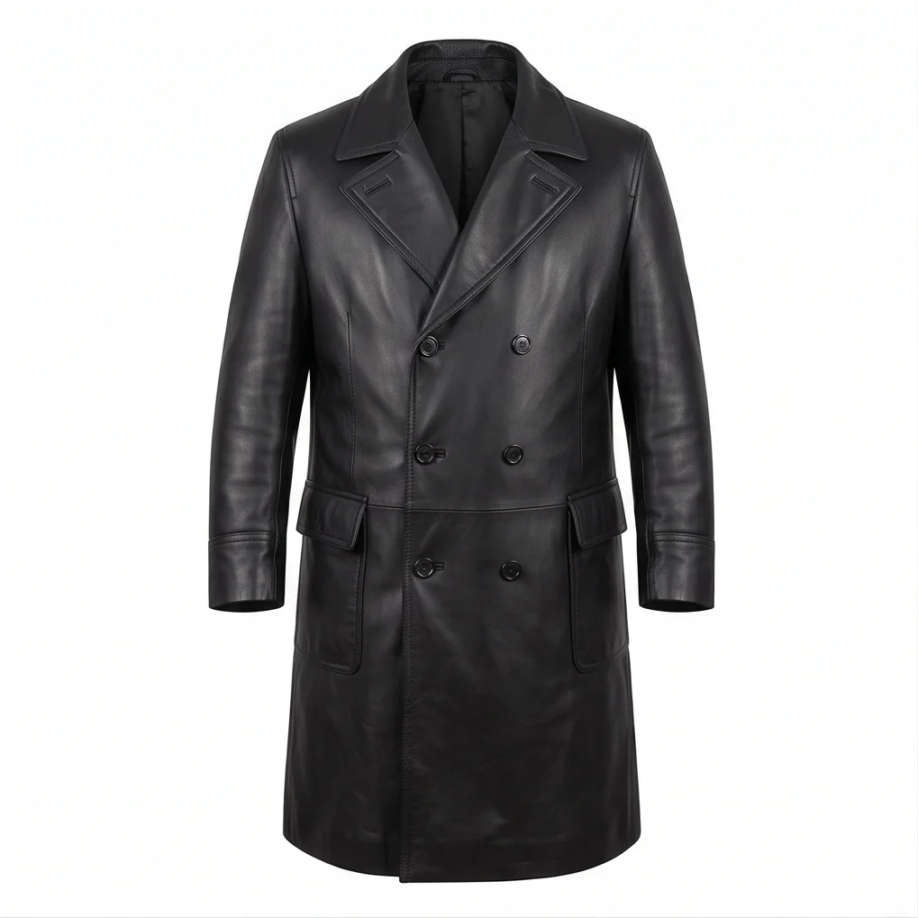 The Penguin Oz Cobb Inspired Black Leather Trench Coat - Image 2